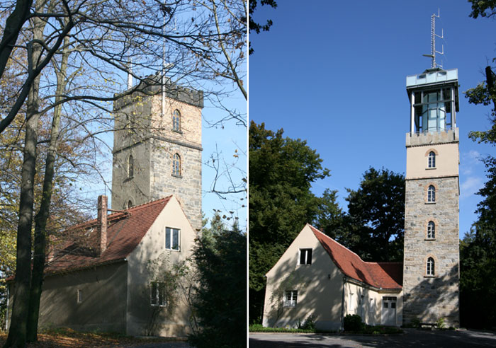 Wieża przed (po lewej) i po przebudowie (po prawej) w 2010 roku; źródło: Wikipedia